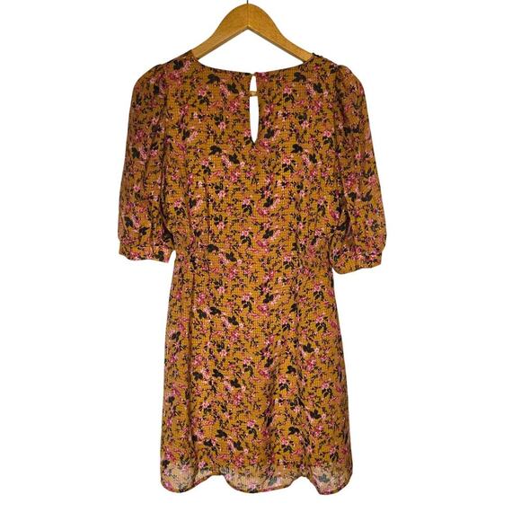 Vero Moda Medium Mustard Orange Floral Puff Sleeve Knee Dress Smocked Boho - Picture 10 of 12